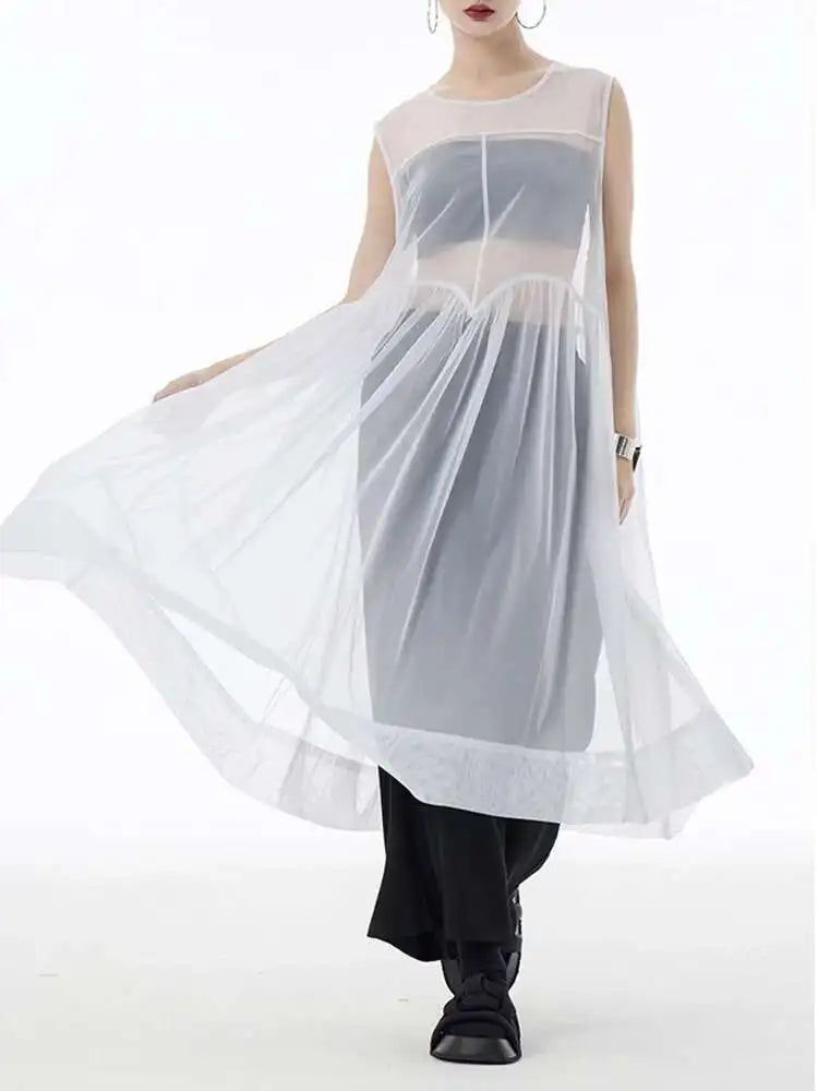 Women Black Big Hem Mesh Big Size Elegant Perspective Dress New Round Neck Sleeveless Fashion Spring Summer 2025 1DH6298