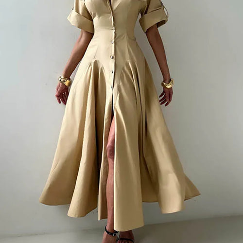 Load image into Gallery viewer, Summer Autumn khaki Shirts Maxi Dresses for Woman 2025 New Lapel Neck Buttoned Elegant Vintage A-line Long Dress Women
