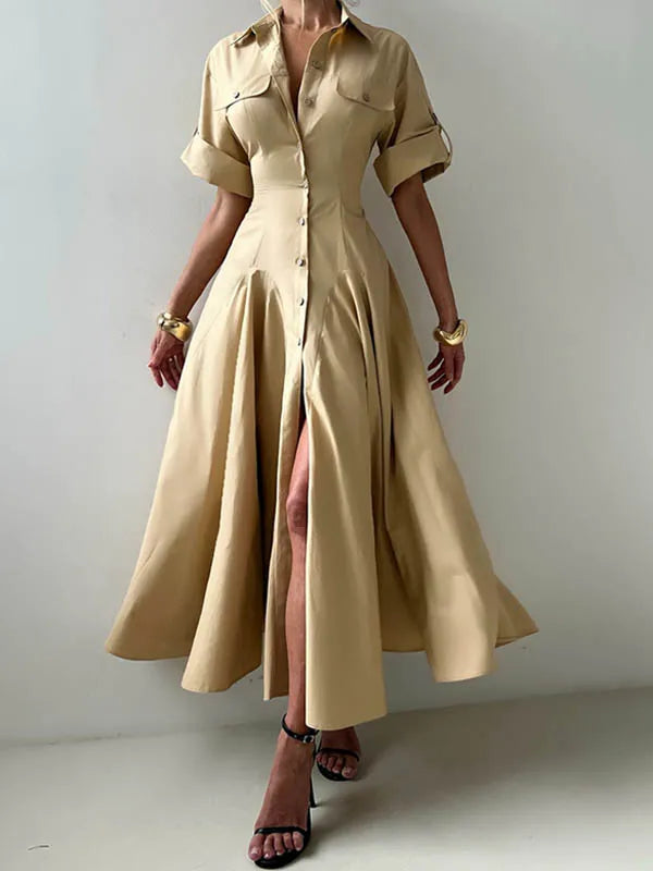 Summer Autumn khaki Shirts Maxi Dresses for Woman 2025 New Lapel Neck Buttoned Elegant Vintage A-line Long Dress Women