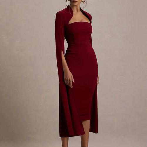 Load image into Gallery viewer, Cape Long Sleeve Sexy Midi Dress For Women Autumn Winter New Square Collar Back Slit Bodycon Club Party Long Dress
