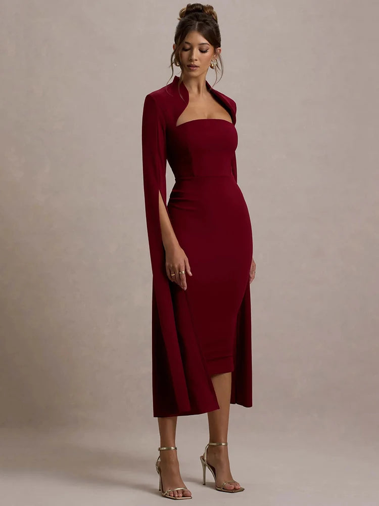 Cape Long Sleeve Sexy Midi Dress For Women Autumn Winter New Square Collar Back Slit Bodycon Club Party Long Dress