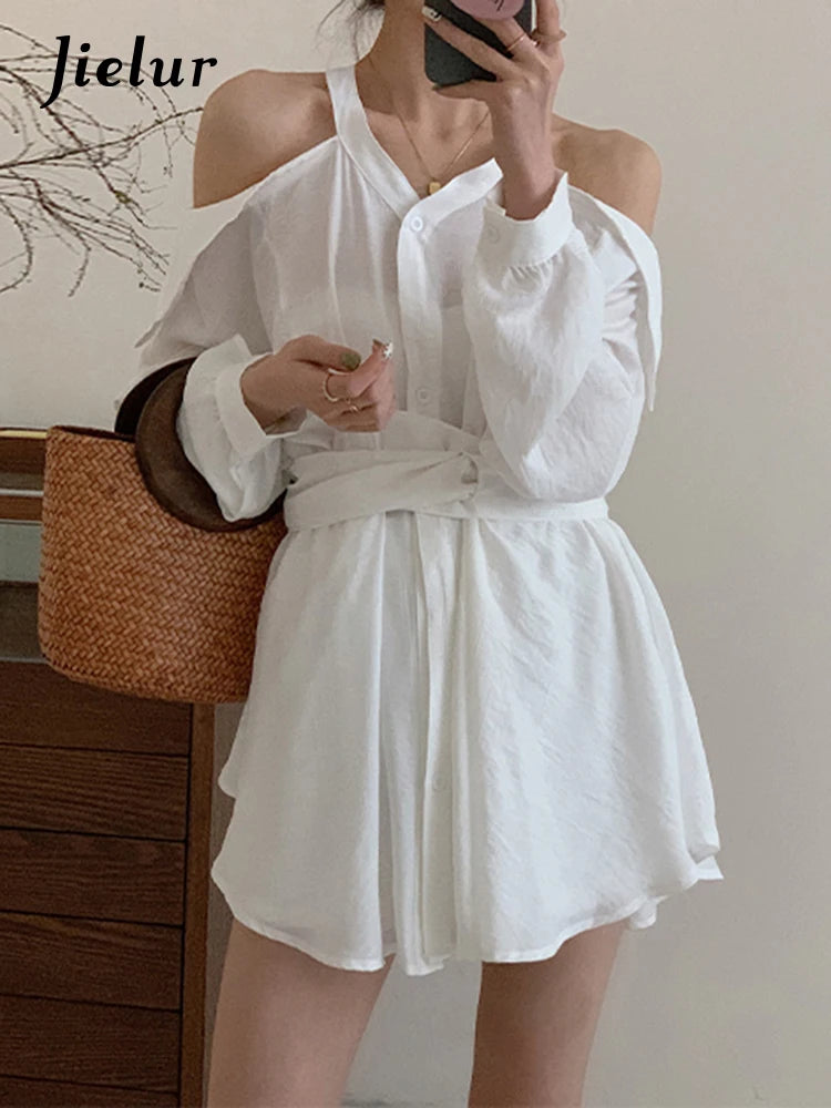 White Two-piece Halter Shirt Dress Summer Slim Bow Backless Long Sleeve O-neck French Style Elegant Fashion Women Dress