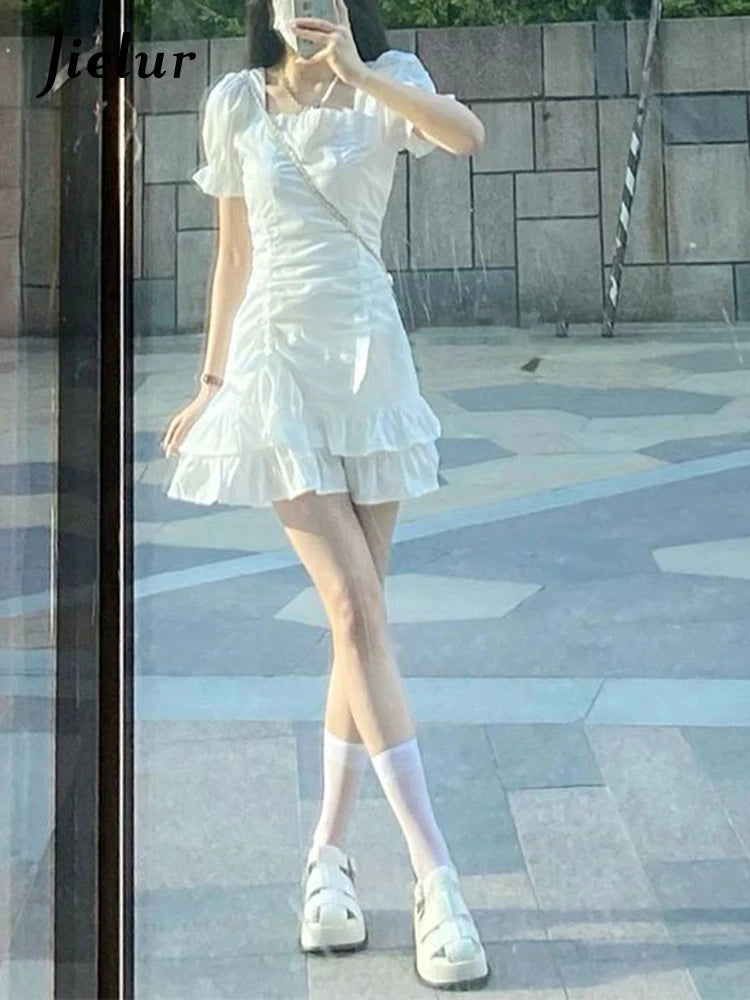 French Style Chic White Female Dress Summer Princess Sleeve Solid Color Square Neck High Waist Women Dresses High Street