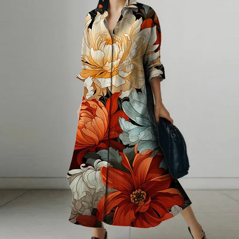 Spring Autumn 2025 New Trendy Flower Print Lapel Maxi Dresses Women Long Sleeves Loose Woman Button-down Shirt Dress
