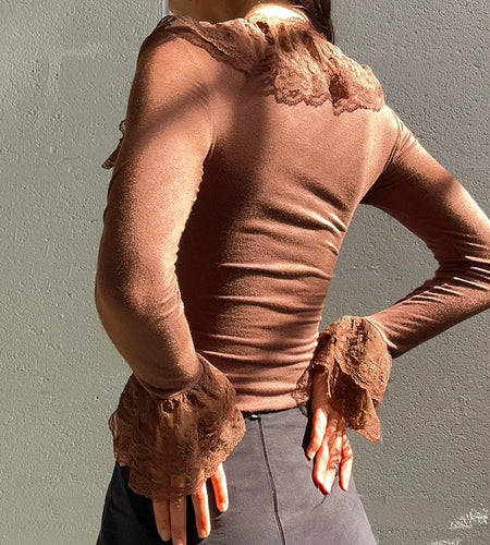 y2k Fairy Grunge Top Women Sexy Solid Color Lace Trim V Neck Long Sleeve T Shirt 2000s Aesthetic Clothing Streetwear