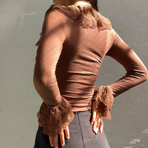 Load image into Gallery viewer, y2k Fairy Grunge Top Women Sexy Solid Color Lace Trim V Neck Long Sleeve T Shirt 2000s Aesthetic Clothing Streetwear
