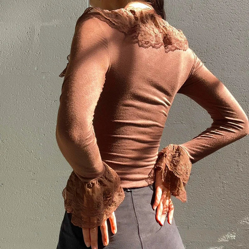 y2k Fairy Grunge Top Women Sexy Solid Color Lace Trim V Neck Long Sleeve T Shirt 2000s Aesthetic Clothing Streetwear