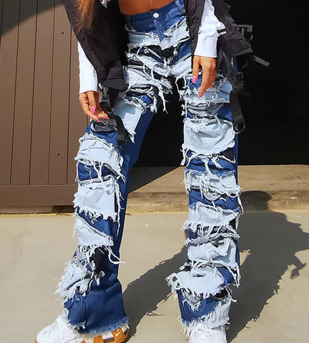 Hit Color Jeans Female High Waist Patchwork Tassel Streetwear Wide Leg Denim Pants For Women Fashion Autumn