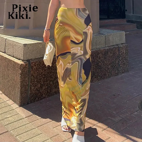 Load image into Gallery viewer, Abstract Yellow Printed High Waisted Long Skirts for Women Bottoms Vintage 2000s Aesthetic Clothes P85-BD18
