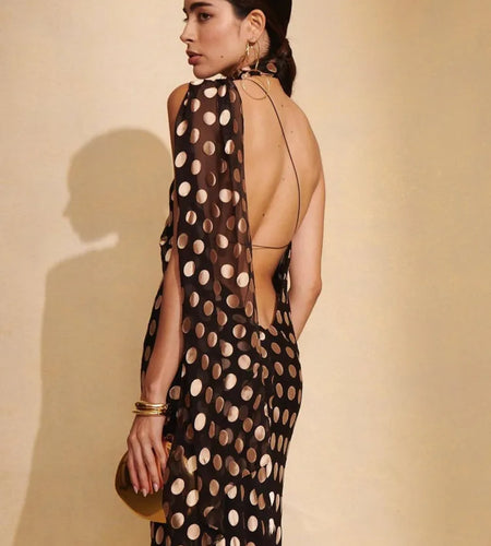 Sexy Scarf Collar Backless High Slit Bodycon Party Club Evening Dress Women Elegant Sleeveless Polka Dot Summer Vestidos