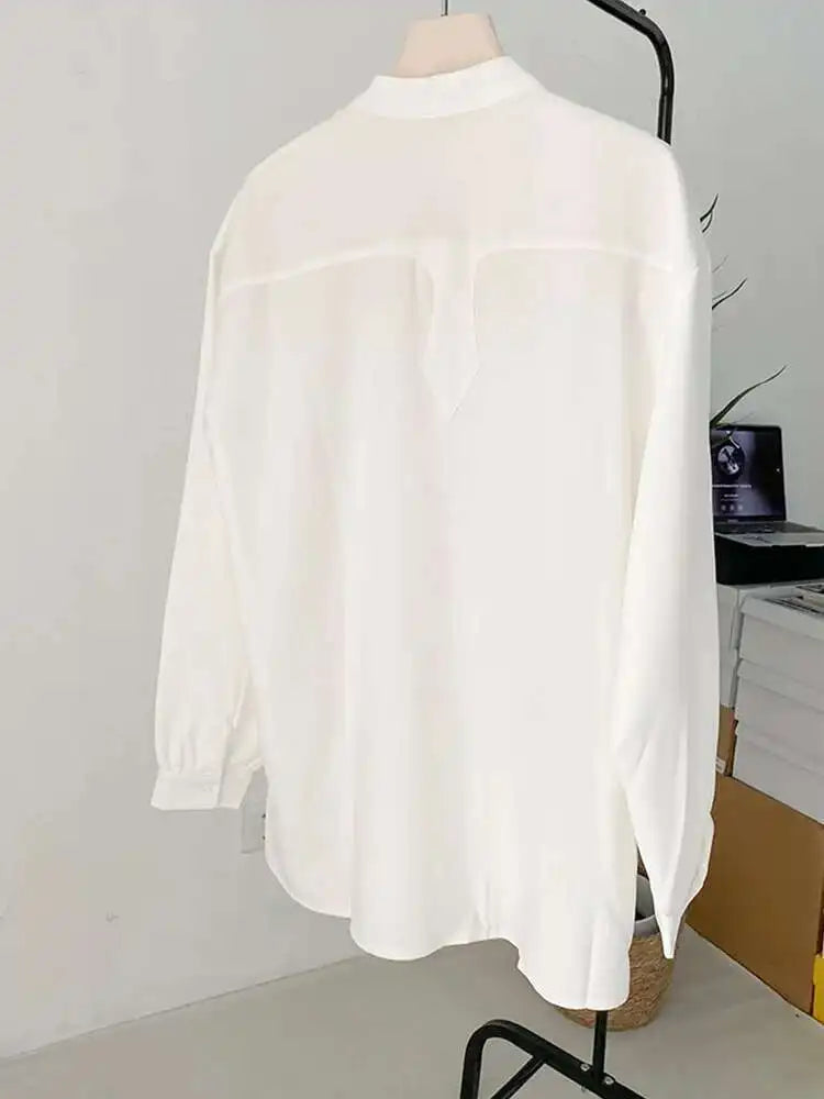 Women White Pleated Big Size Elegant Blouse New Lapel Long Sleeve Loose Fit Shirt Fashion Tide Spring Autumn 2025 1DF0359