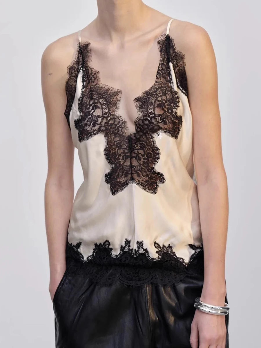 Hit Color Spliced Lace Slimming Vests For Women V Neck Sleeveless Tunic Irregular Chic Vests Female Fashion Clothes