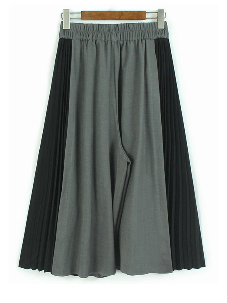 High Elastic Waist Gray Black Color-block Pleated Wide Leg Pants New Trousers Women Fashion Spring Autumn 2025 1DJ1582