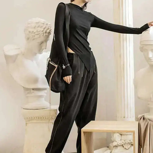 Load image into Gallery viewer, Women Burr Split Joint Asymmetrical Temperament T-shirt New Round Neck Long Sleeve  Fashion Tide  Spring Autumn 2025 1H312
