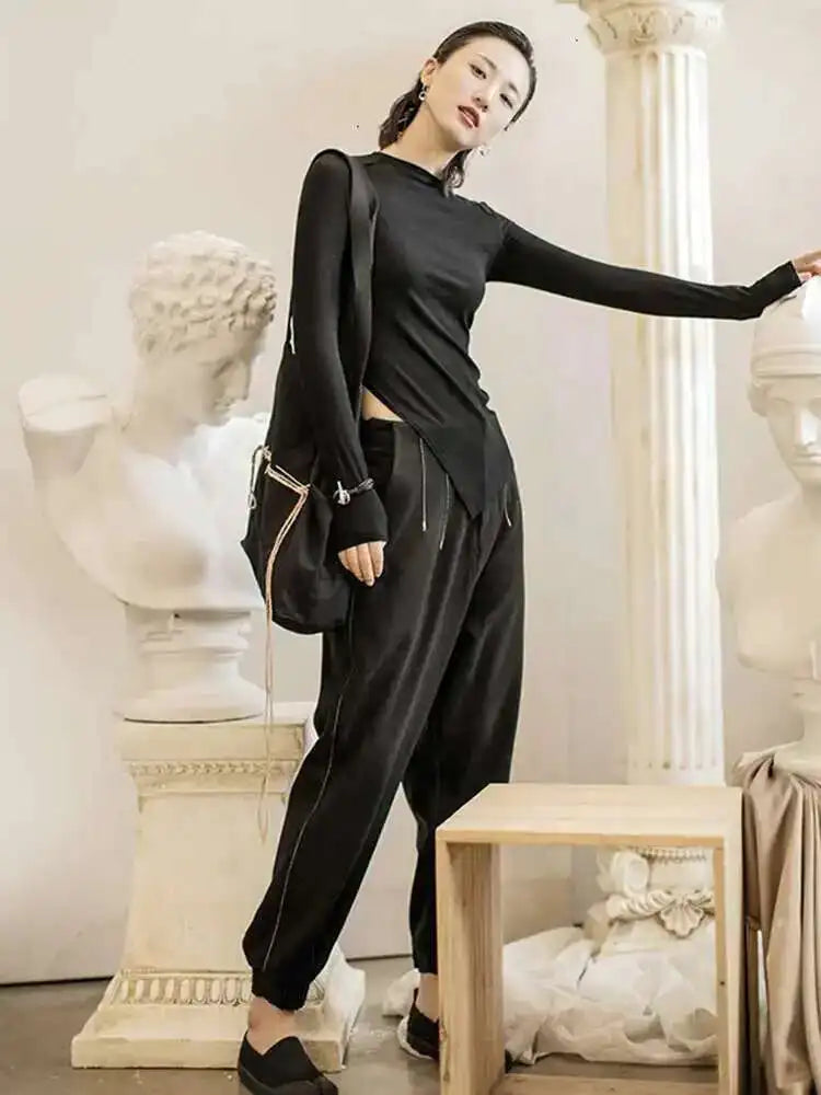 Women Burr Split Joint Asymmetrical Temperament T-shirt New Round Neck Long Sleeve  Fashion Tide  Spring Autumn 2025 1H312