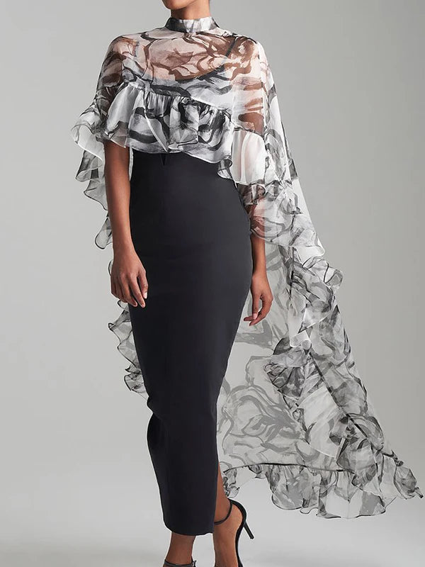 Fashion Vintage Cover-up Top Floral Flower Print Pleated See-Through Sun Protection High-low Loose Blouses Shirts Tops