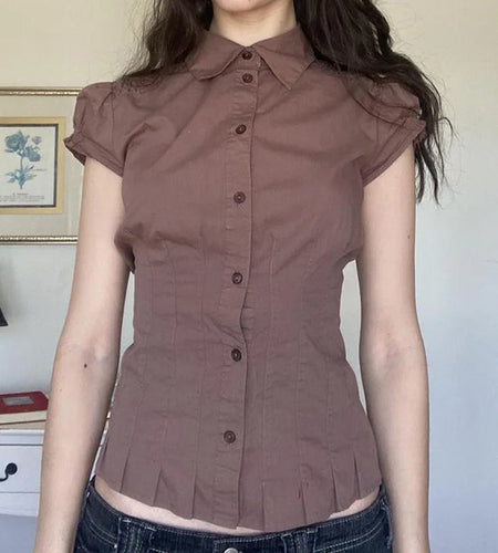 Y2k Aesthetic Women Crop Blouse Solid Casual Single Breasted Slim Fit Grunge Shirt Harajuku Turn Down Collar Streetwear Blusas