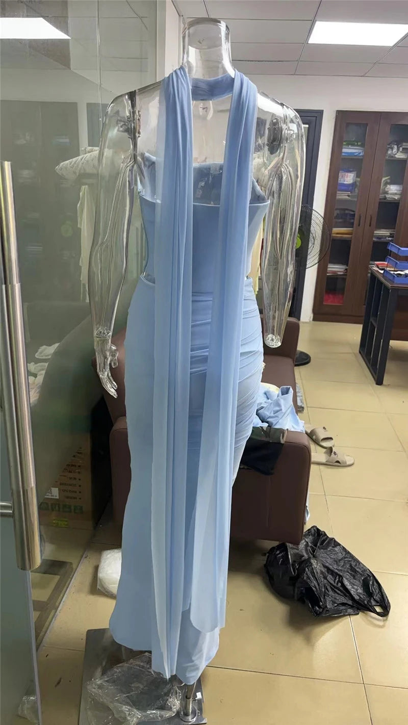 Sexy Two Piece Sets Women Neckerchief Strapless Crop Tops And Maxi Skirt Sets Sexy Club Party Skirt Two Piece Sets