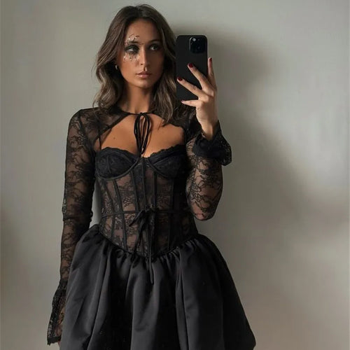 Load image into Gallery viewer, Black Lace Puffball Sexy Mini Dress For Women Fashion Lace-up Sheer Long Flare Sleeve High Waist Club Party Dress
