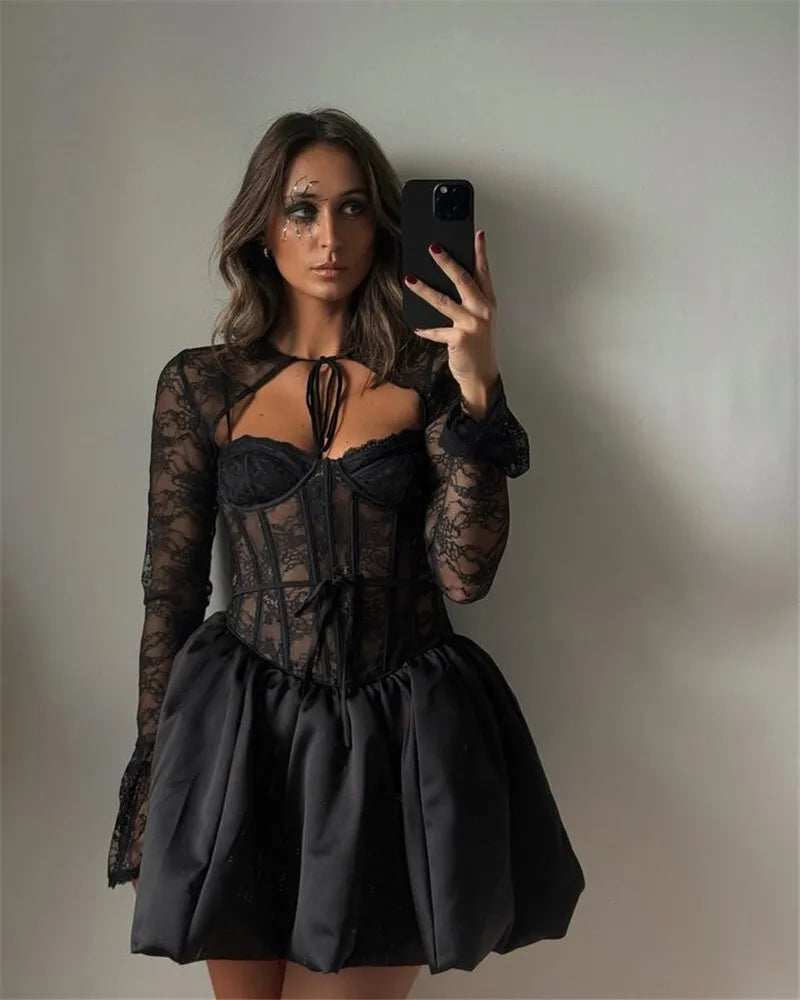 Black Lace Puffball Sexy Mini Dress For Women Fashion Lace-up Sheer Long Flare Sleeve High Waist Club Party Dress