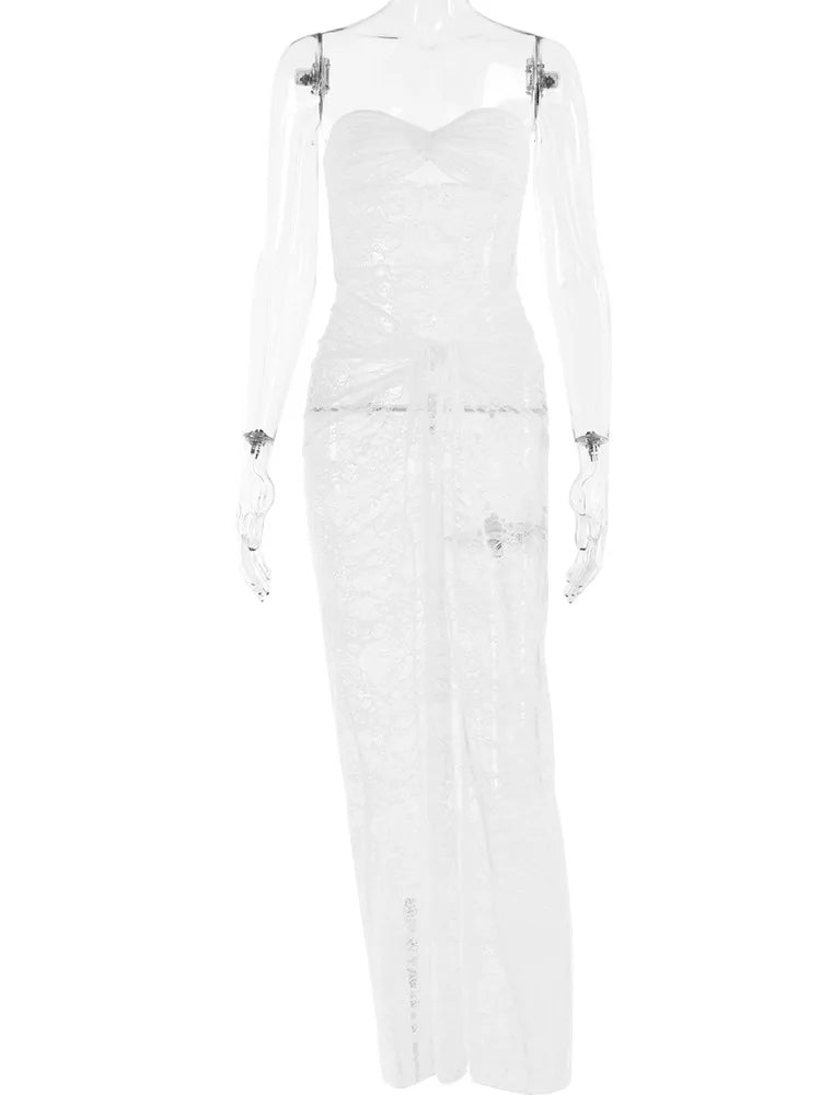 Sexy Lace Strapless Slim Fit Sheer Women's Dress Backless Folds Pleated Slim Fit Long Dress Elegant Party Club Clothing