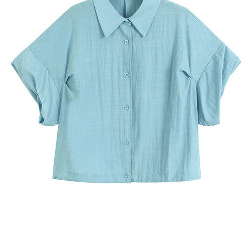 Load image into Gallery viewer, Women Blue Brief Pleated Big Size Thin Blouse New Lapel Short Puff Sleeve Shirt Fashion Tide Spring Summer 2025 1DJ1198
