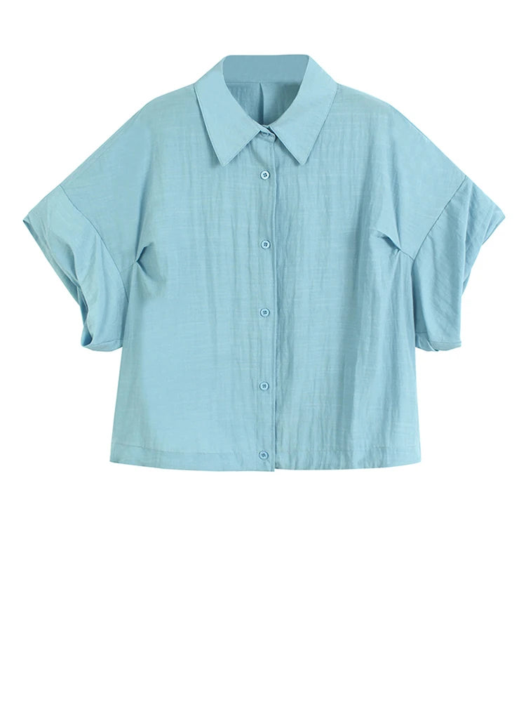 Women Blue Brief Pleated Big Size Thin Blouse New Lapel Short Puff Sleeve Shirt Fashion Tide Spring Summer 2025 1DJ1198