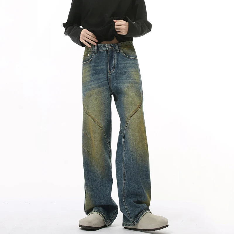 Korean Style Men's Denim Pants Loose Worn-out Dye Gradient Color Trousers Straight Wide Leg Male Jeans Casual Autumn 9C8980