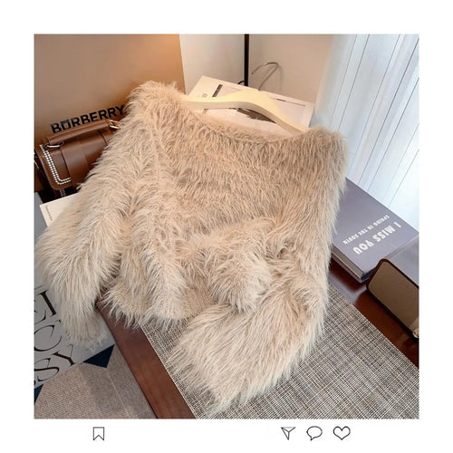 Load image into Gallery viewer, Autumn Winter Solid Knitting Mink Crop Top Women Long Sleeve Round Neck Pullover Casual Crochet Sweater French Fashion Thick New
