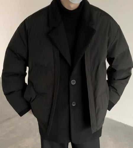 Korean Style Men's Padded Jackets Woolen Patchwork Fake Two-piece Lapel Solid Color Thickened Male Coats Winter 2024 9C8803