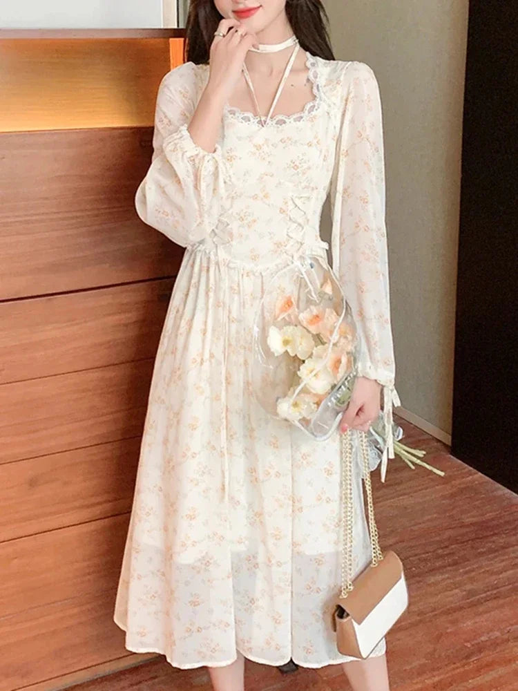 Spring Elegant Women's Y2K Midi Dress Korean Fashion Retro Sweet Flower Party Full Sleeve Dress Women Casual Lace Dresses