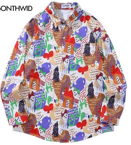 Harajuku Men Shirts Graffiti Cartoon Bear Print Long Sleeve Hawaiian Shirt 2024 Hip Hop Oversized Button Up Shirts Streetwear