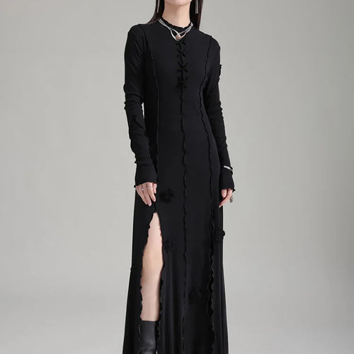 Load image into Gallery viewer, Women Black Flower Elegant Slit Long Dress New Turtleneck Long Sleeve Loose Fit Fashion Tide Spring Autumn 2025 1DH1870
