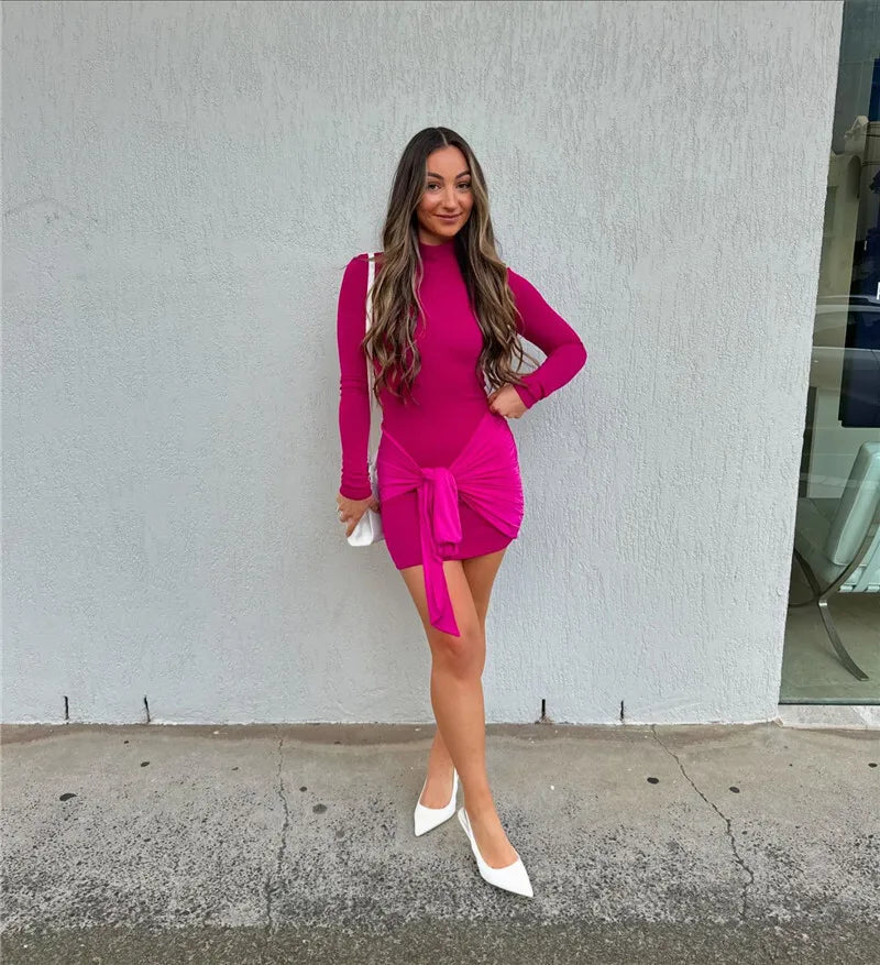 Turtleneck Long Sleeve Sexy Mini Dress For Women Autumn Fashion Ruched Draped Slim Fit Dress Ladies Elegant Dress