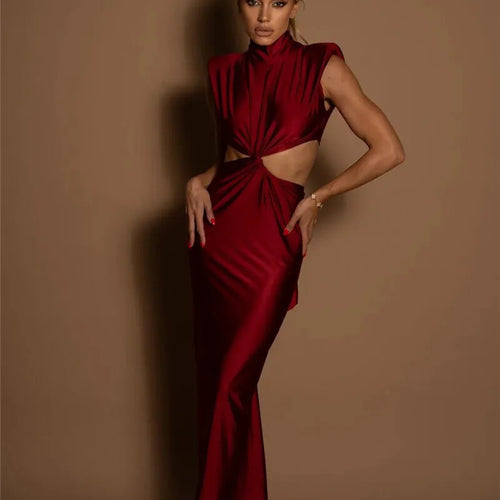 Load image into Gallery viewer, Hollow Out Turtleneck Sexy Maxi Dress For Women Fashion Solid Sleeveless Bodycon Tank Dresses Femme Club Party Dress
