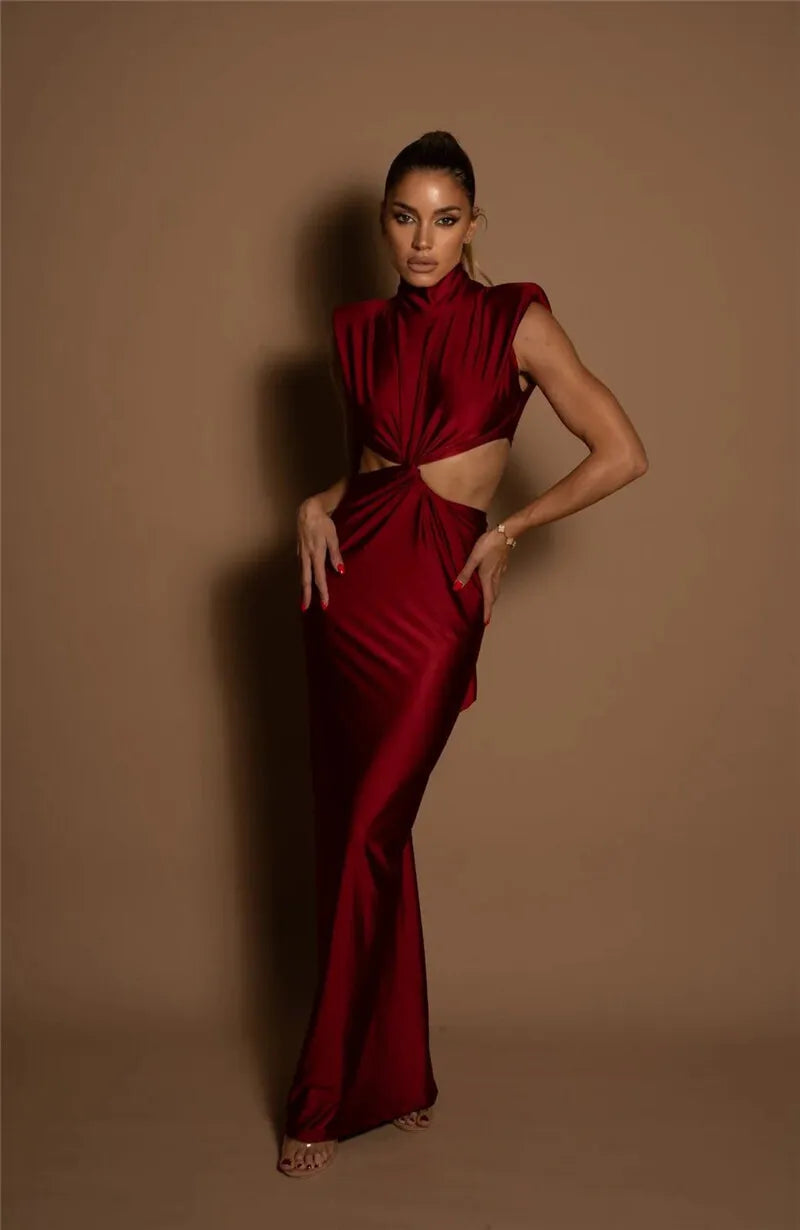 Hollow Out Turtleneck Sexy Maxi Dress For Women Fashion Solid Sleeveless Bodycon Tank Dresses Femme Club Party Dress
