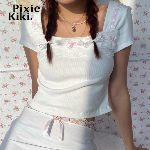 Load image into Gallery viewer, Y2k Tops Kawaii Girls Bow Lace Trim Square Neck Short Sleeve Crop T Shirt Women Summer White Ribbed Tees P84-BF10
