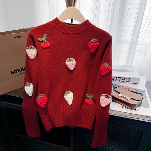 Load image into Gallery viewer, French Vintage Women Sweet Strawberry Embroidered Elegant Long Sleeve Knit Sweater 2024 New Autumn Winter Round Neck Tops Trendy
