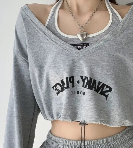 American Retro School Halter Crop T-shirt Tio Women Off Shoulder Fashion Long Sleeve Casual Tees Sexy Cropped Top