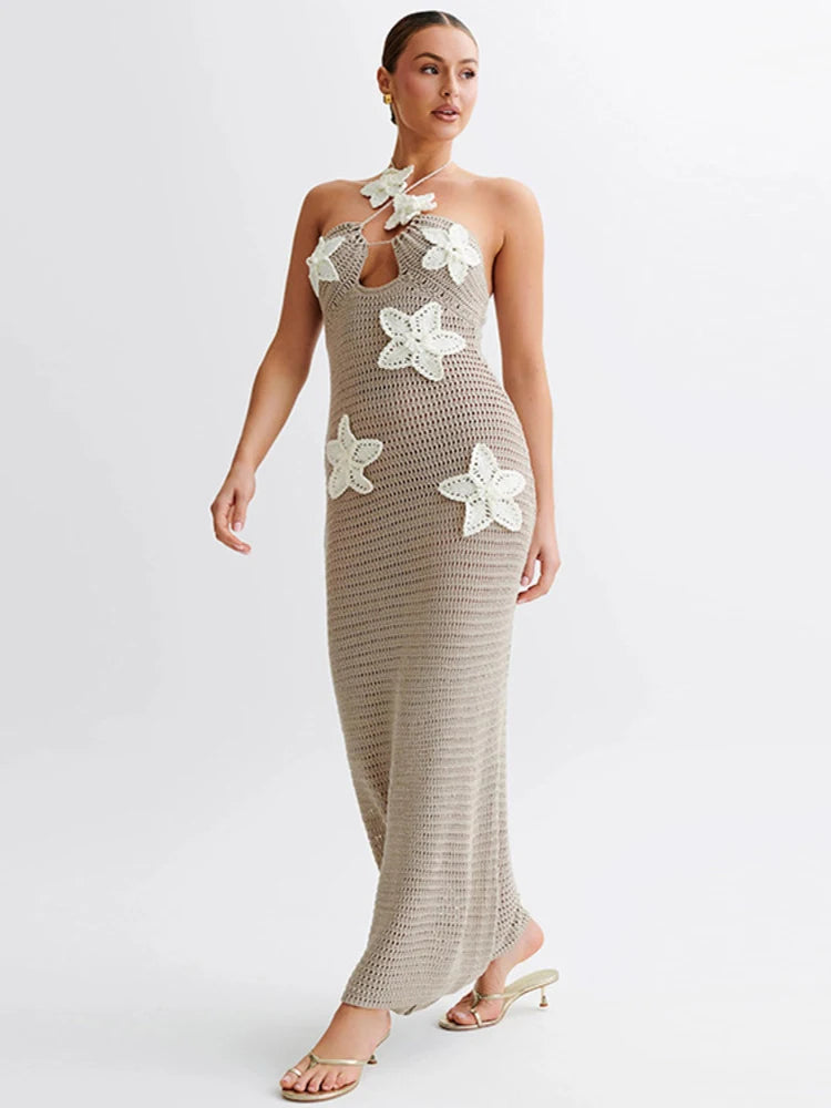 See Through Crochet Floral Knit Sexy Maxi Dress For Women Halter Sleeveless Backless Party Long Dress Beachwear New