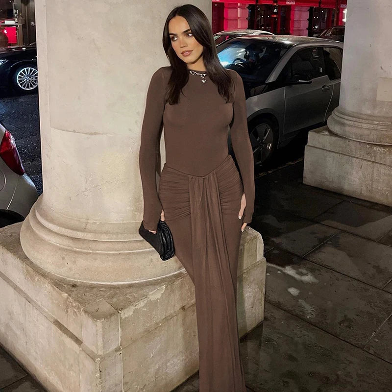 Ruched Draped Sexy Maxi Dress For Women Fashion O Neck Long Sleeve Bodycon Club Party Long Dress Female Elegant Dresses