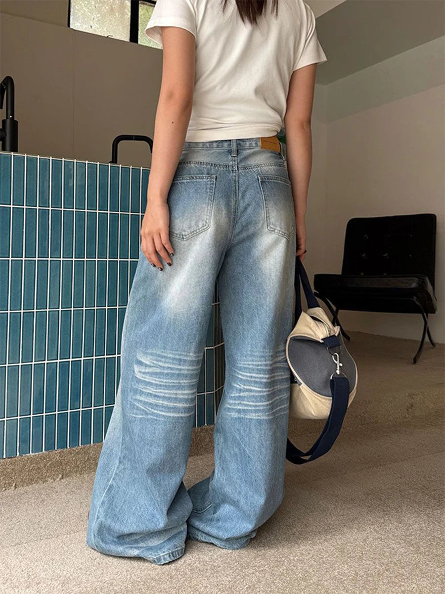 Gradient Loose Versatile Casual Jeans for Women High Wasit Patchwork Pockets Fashion Wide Leg Jean Female Clothing