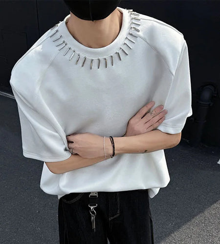 Summer Men's T-shirts Short Sleeve Round Collar Trendy Metal Decoration Loose Pad Shoulder Fashion Male Clothing 9W1710