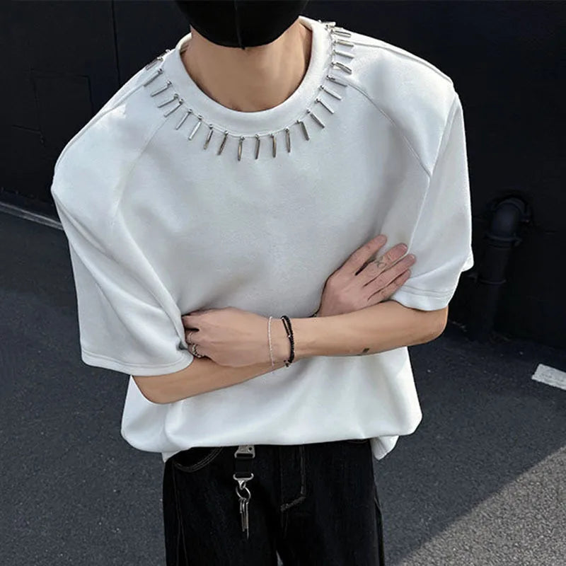 Summer Men's T-shirts Short Sleeve Round Collar Trendy Metal Decoration Loose Pad Shoulder Fashion Male Clothing 9W1710