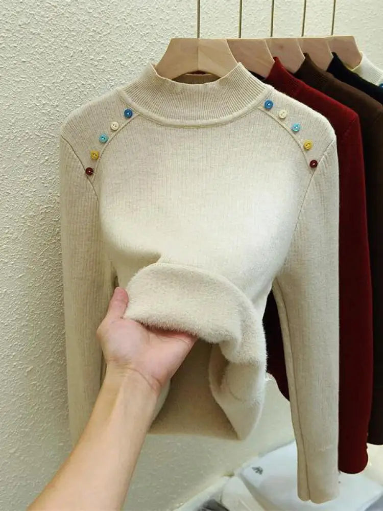 Autumn Winter Women Solid Colorful Button Velvet Sweater Korean Fashion Warm Knitwear Long Sleeve Festival Pullovers Tops Thick