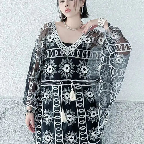 Load image into Gallery viewer, Women Black Lace Hollow Out Big Size Blouse New V-Neck Long Batwing Sleeve Shirt Fashion Tide Spring Autumn 2025  1DJ0786
