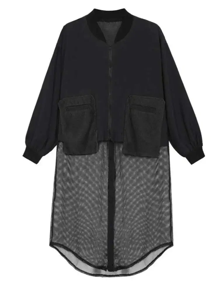 Black Hem Mesh Big Size Irregular Jacket New Stand Collar Long Sleeve Women Coat Fashion Tide Spring Autumn 2025 1DE1813