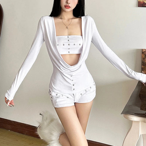 Load image into Gallery viewer, y2k Fairy Grunge Top Women Gothic Clothes Cowl Neck Long Sleeve T Shirt with Metal Star Tube Top 2000s Streetwear
