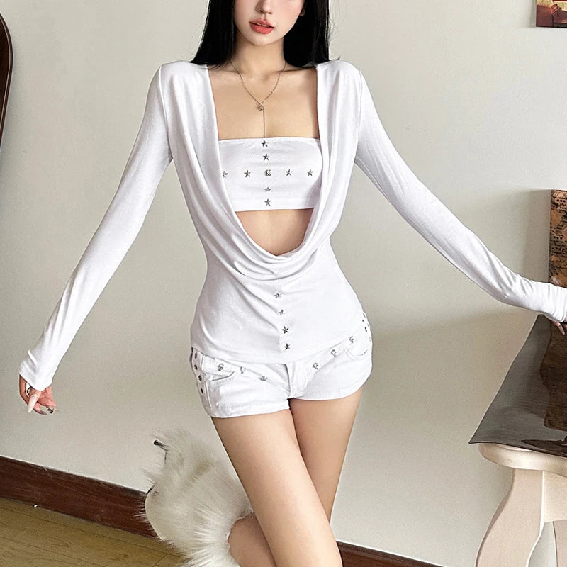 y2k Fairy Grunge Top Women Gothic Clothes Cowl Neck Long Sleeve T Shirt with Metal Star Tube Top 2000s Streetwear