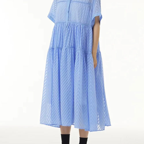 Load image into Gallery viewer, Women Blue Grid Hollow Out Big Size Midi Shirt Dress New Lapel Short Sleeve Fashion Tide Spring Summer 2025 1DJ1208
